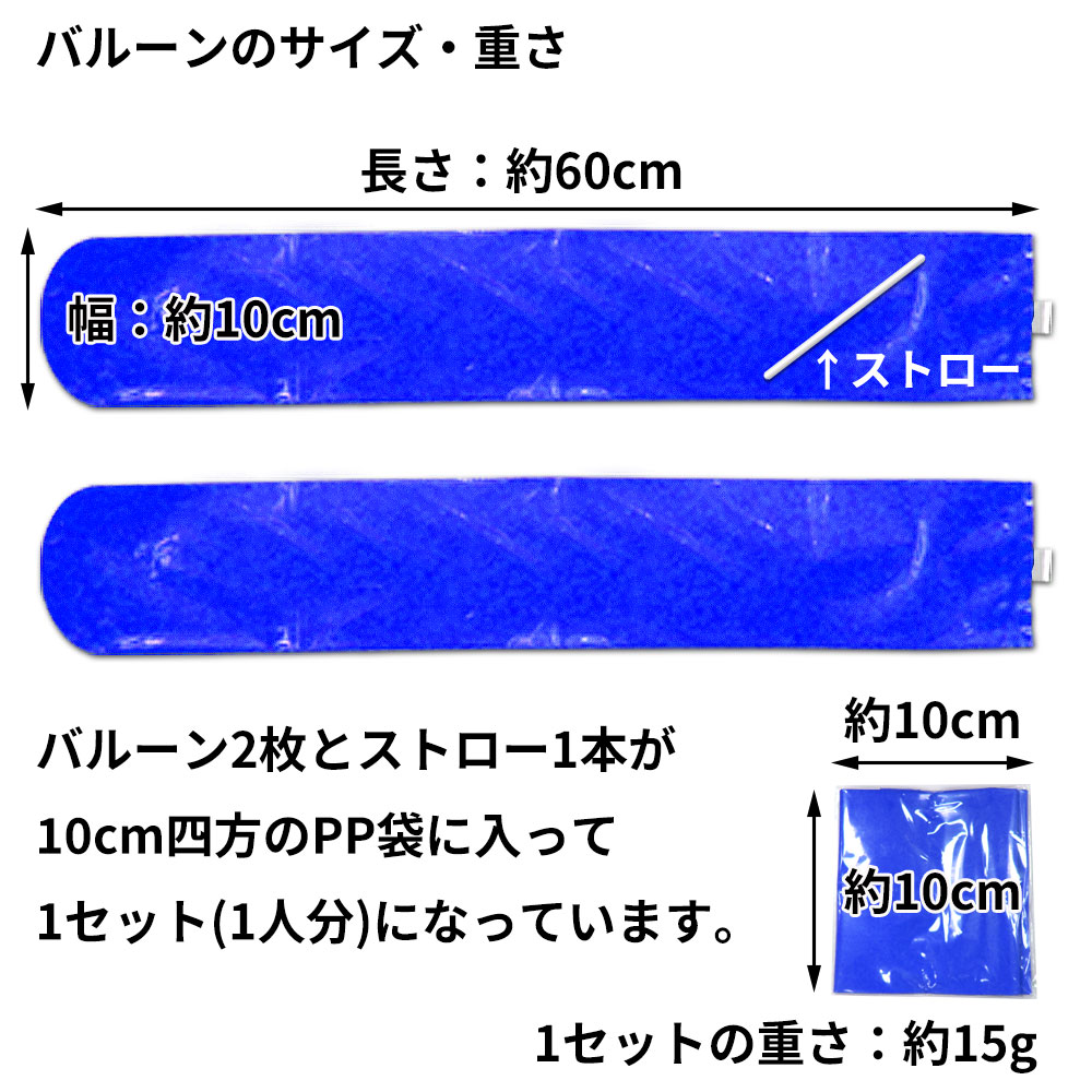 スティックバルーン2枚とストロー1本が10センチ四方のPP袋に入って1セット（一人分）になっています