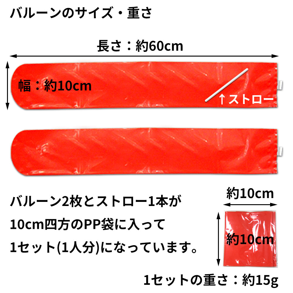 バルーン2枚とストロー1本が10センチ四方のPP袋に入って11セット(一人分)になっています。